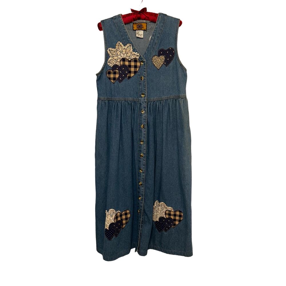 Denim Jumper Embroidered w/ lace button up V-neck vintage sz PM